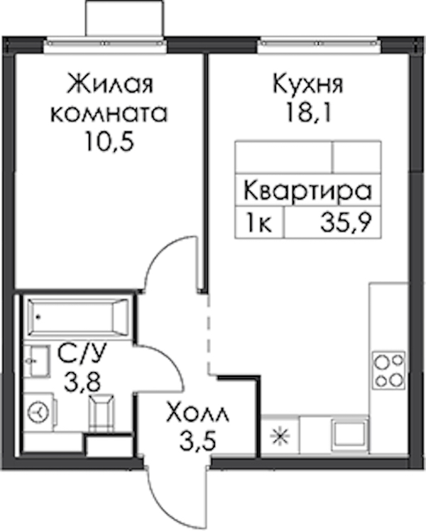 1-комнатная квартира 35.9 м², 11/24 эт., ЖК «Заречный парк»